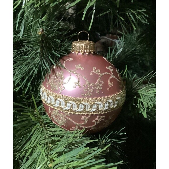Krebs PINK GOLD Glitter Lace RIBBON Floral Christmas Ornaments SHABBY Victorian - Picture 4 of 15